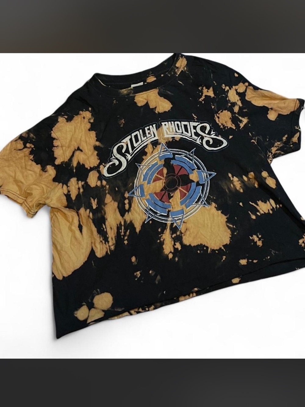 Vintage Stolen Rhodes Rock Band Cropped Bleach Grunge T-Shirt L